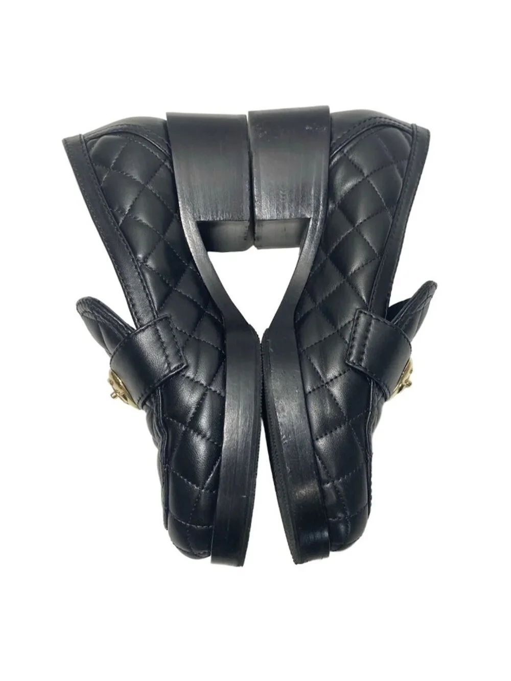 Chanel Loafers Quilted Black Heart Turnlock Gold Platforms